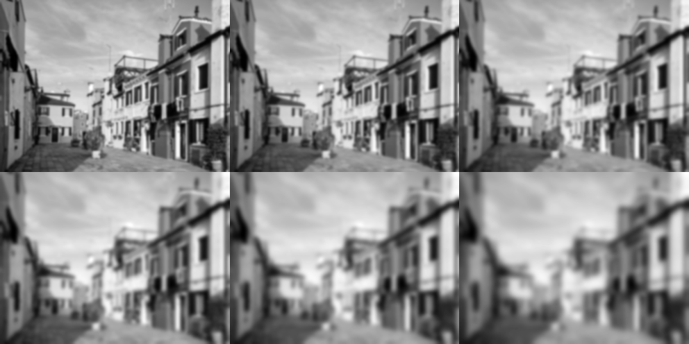 Six copies of an image of a village street. The image gets blurrier each time, until only contours of windows and roofs are visible.